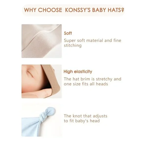 ⭐ Konssy 8-Pack Baby Hats Soft Knot Beanies for Newborn Girls & Boys 0-6M
